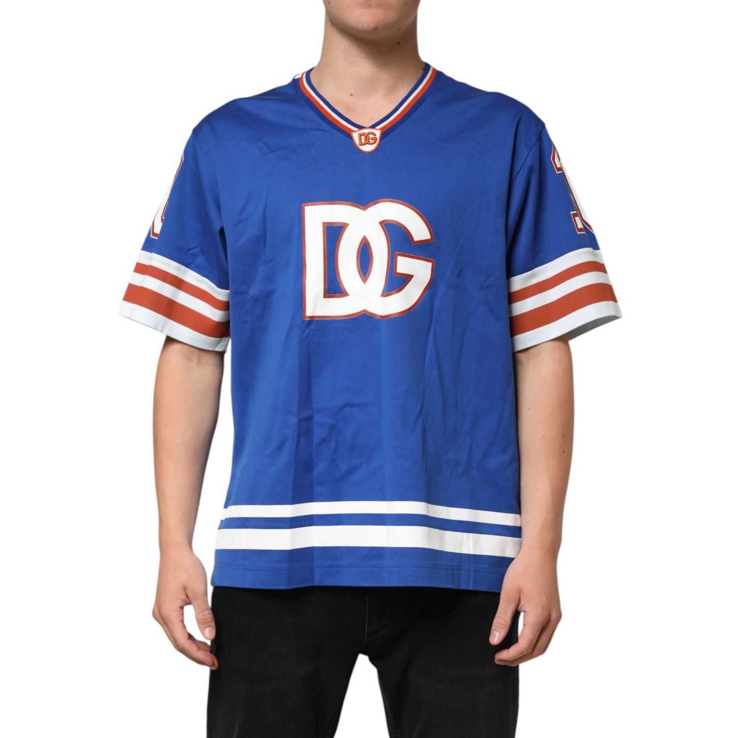Dolce & Gabbana Blue Cotton DG Logo Mesh Jersey T-shirt