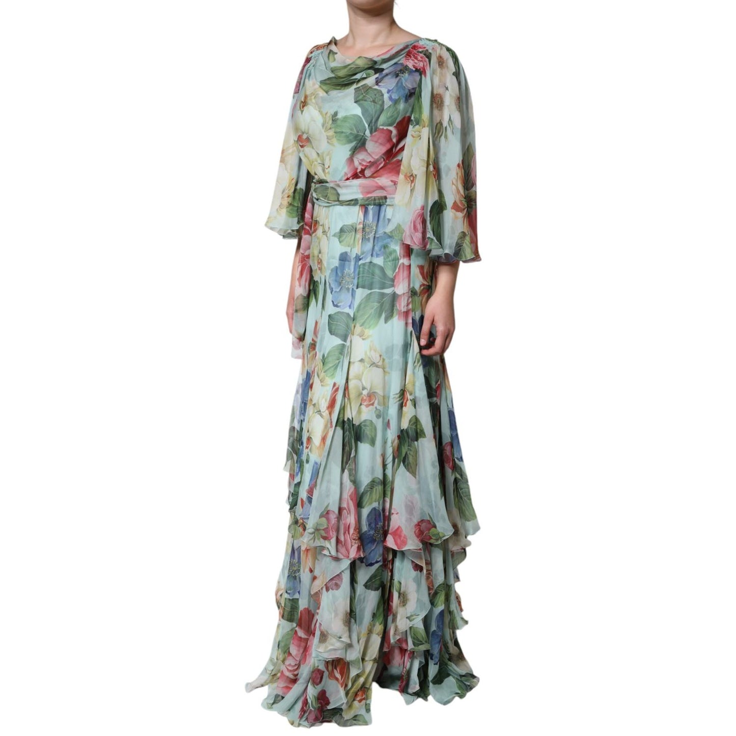 Dolce & Gabbana Blue Floral Print Tiered Long Maxi Dress