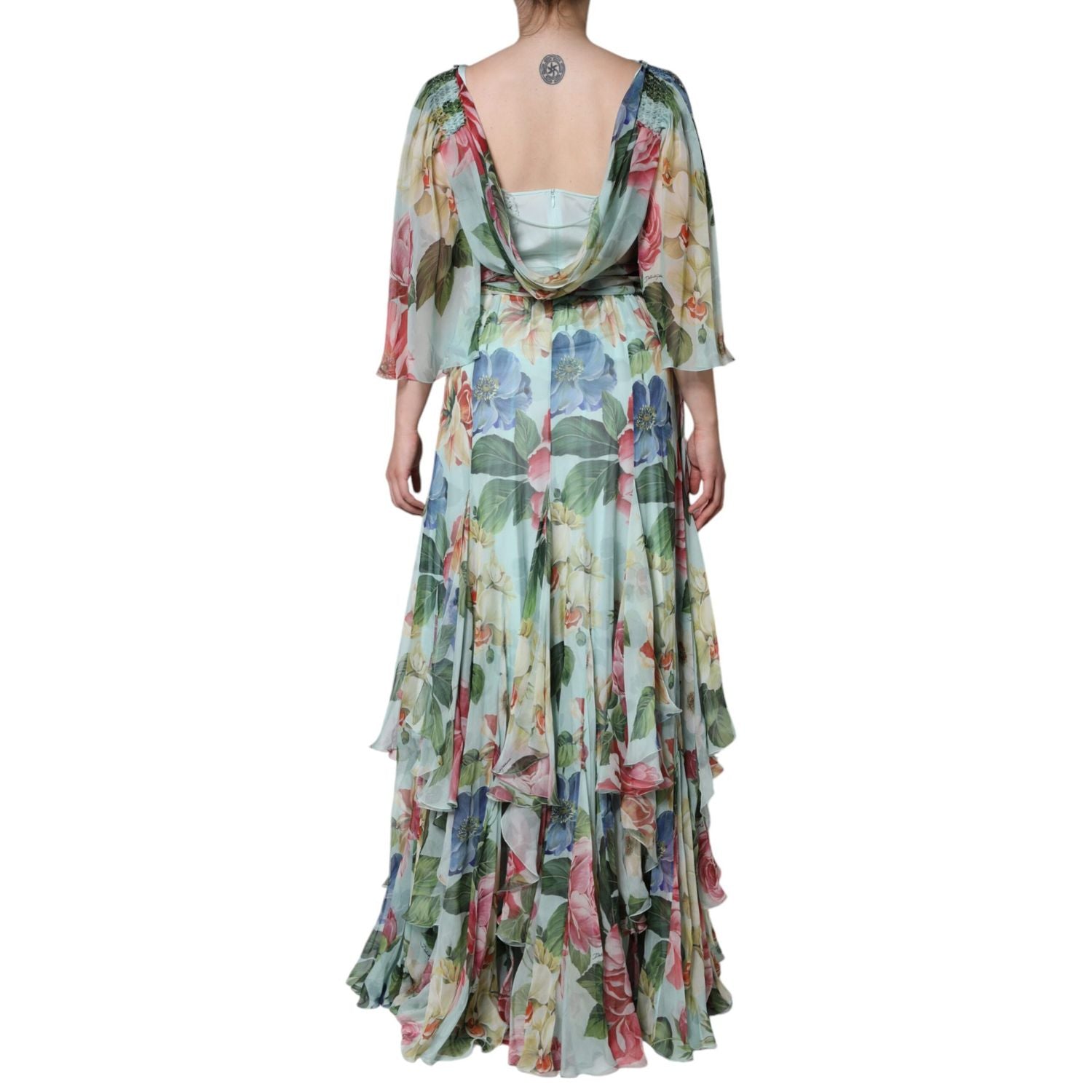Dolce & Gabbana Blue Floral Print Tiered Long Maxi Dress
