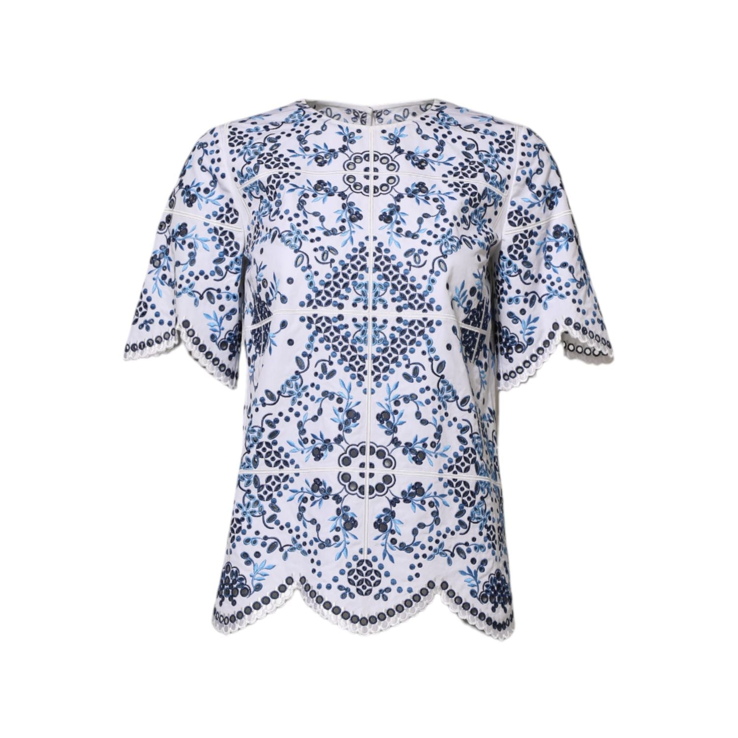 Dolce & Gabbana Blue Lace Eyelet Crew Neck Blouse Top
