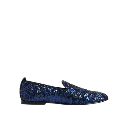 Dolce & Gabbana Blue Sequined Loafers Slippers Men Dress Shoes with sleek slip-on design and shimmering details.