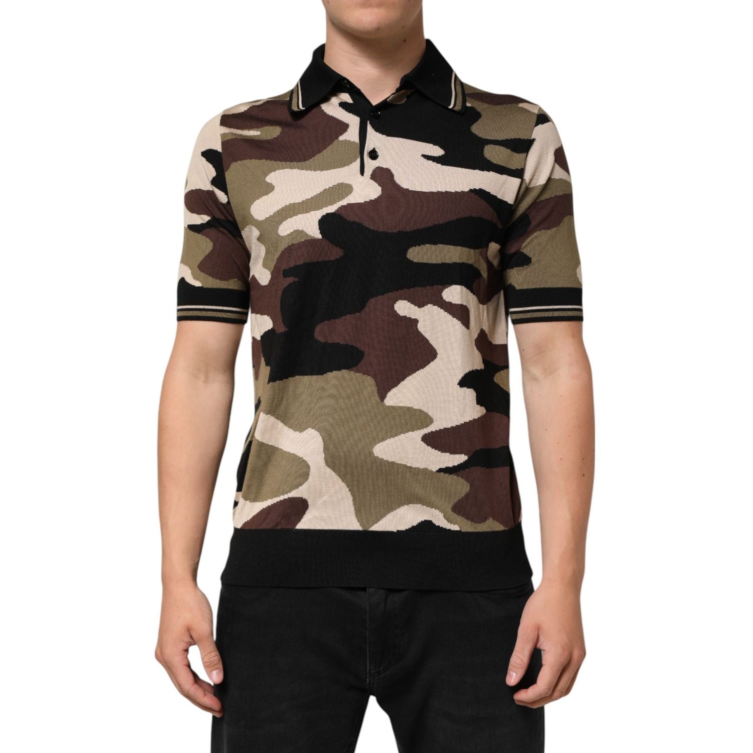 Dolce & Gabbana Camouflage Brown Silk Military Polo T-shirt