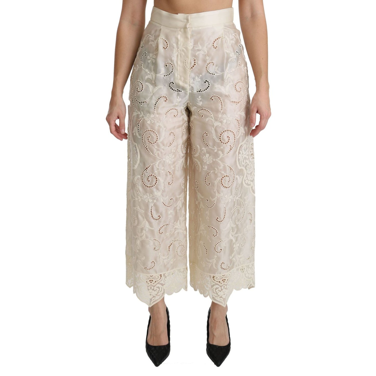 Dolce & Gabbana Cream Lace High Waist Palazzo Cropped Pants