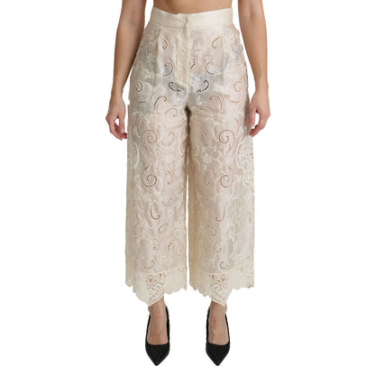 Dolce & Gabbana Cream Lace High Waist Palazzo Cropped Pants