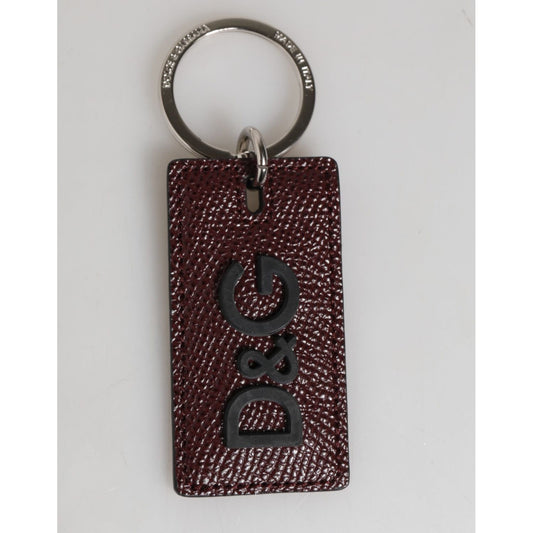 Dolce & Gabbana Dark Brown Leather Logo Metal Ring Men Keychain Keyring with silver detailing and D&G engraved metal hardware.