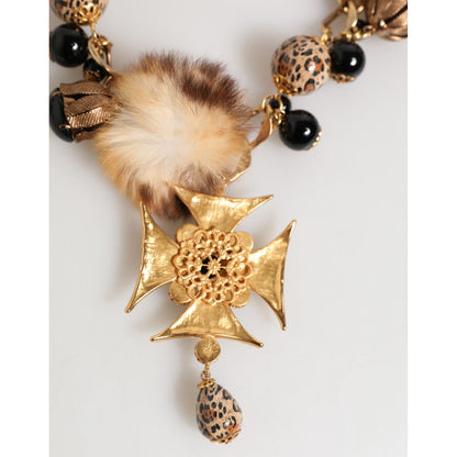 Dolce & Gabbana Gold Black Crystals Lapin Fur Filigree Choker Necklace