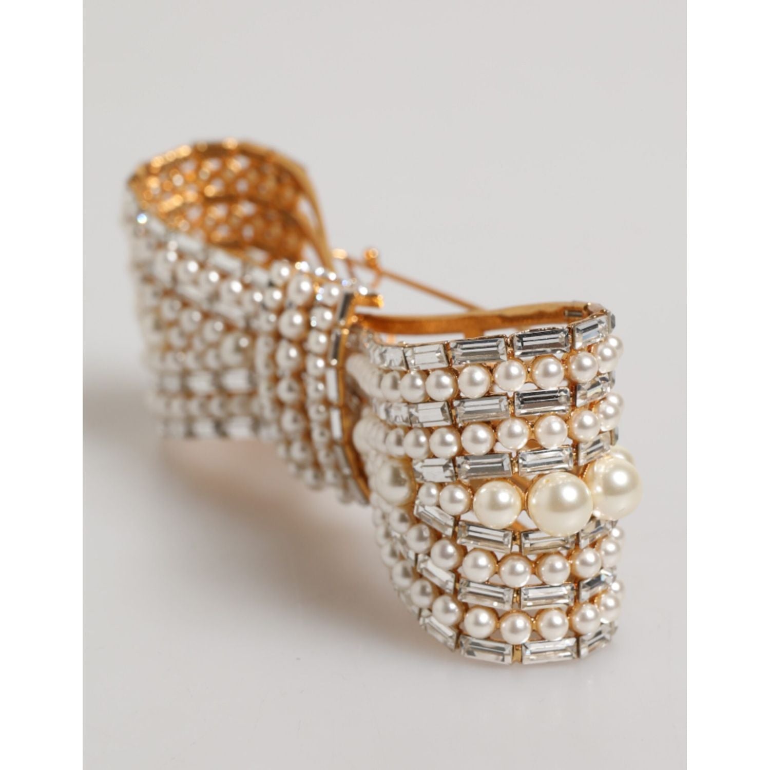 Dolce & Gabbana Gold Tone Brass Bow Crystal FauxPearl Embellished Brooch