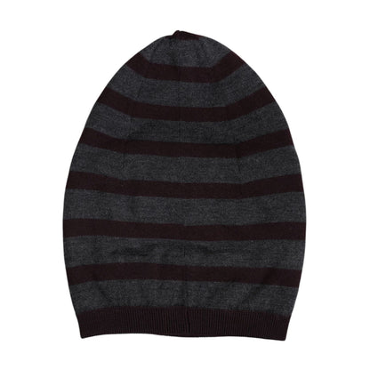 Dolce & Gabbana Gray Striped Wool Knitted Winter Beanie Hat made of 100% virgin wool, showcasing the brand's logo detailing, made in Italy.