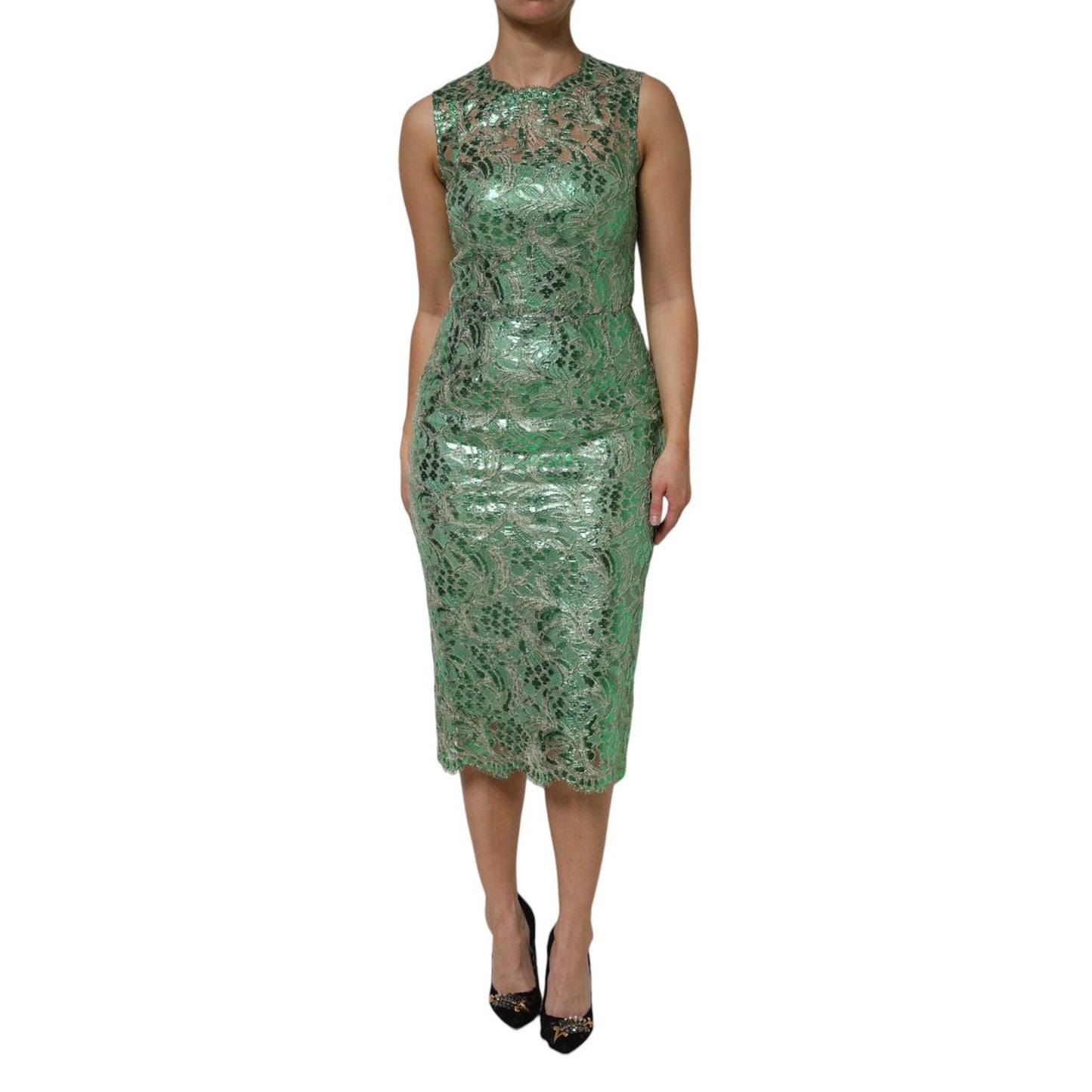 Dolce & Gabbana Green Cotton Floral Lace Sheath Midi Dress