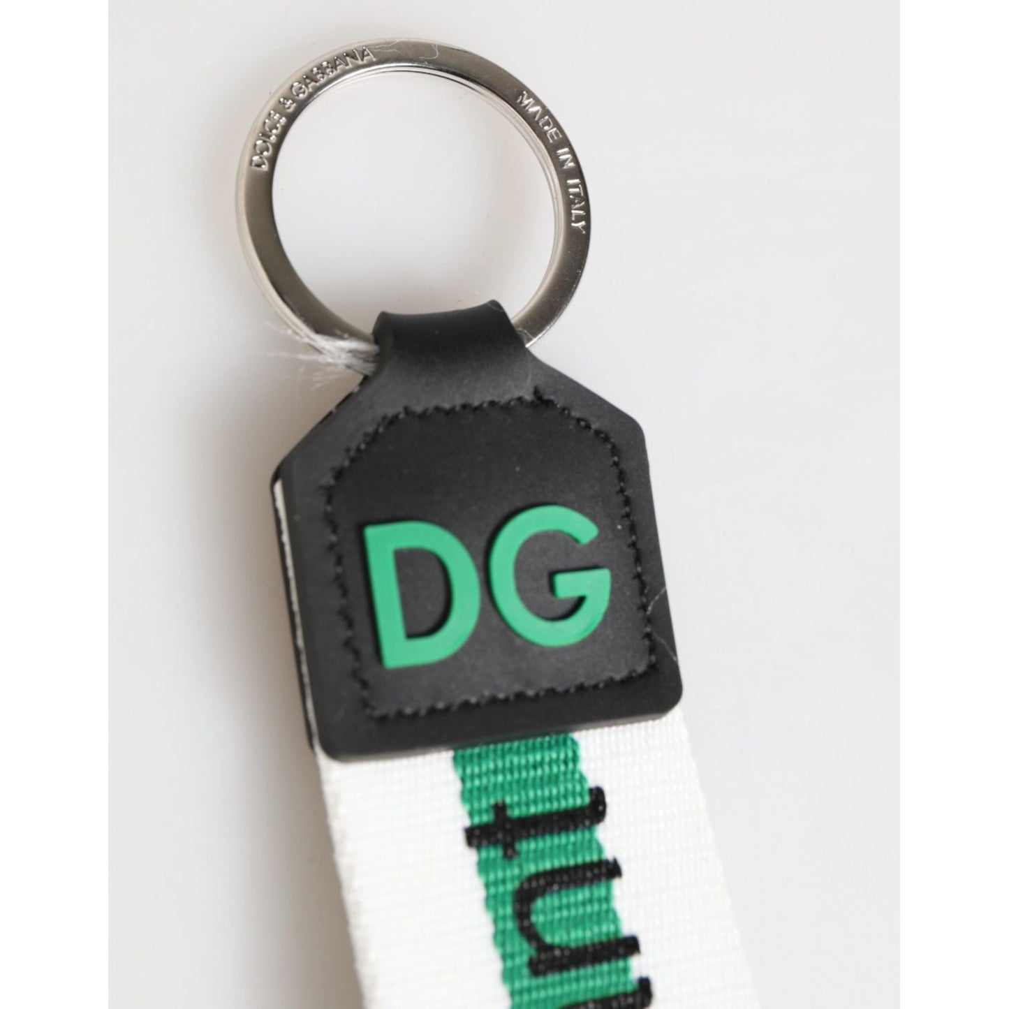 Dolce & Gabbana Green Logo Polyester Silver Brass Holder Keychain Keyring