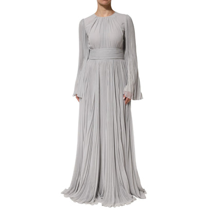 Dolce & Gabbana Grey Pleated Maxi Long Sleeve Silk Blend Gown Dress