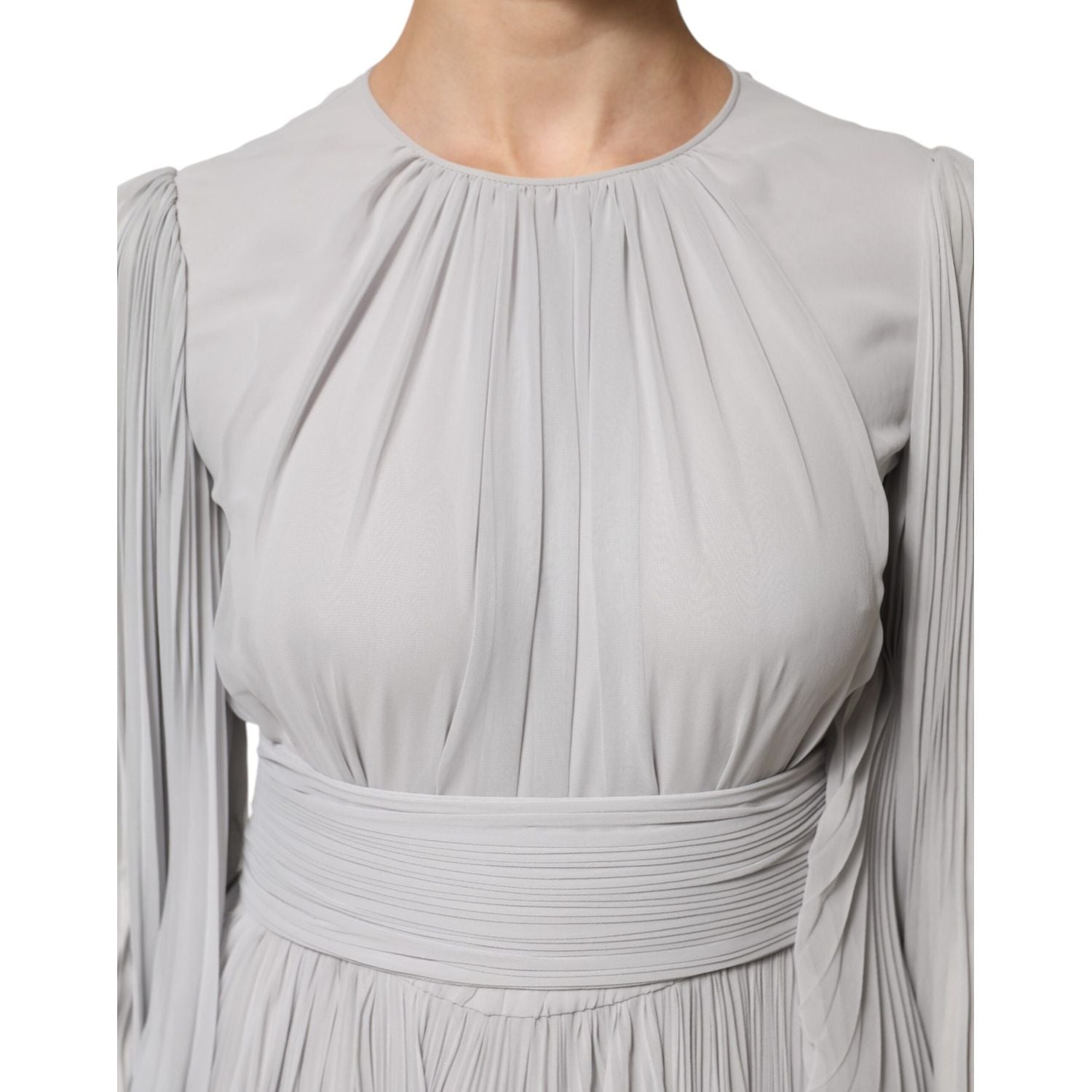 Dolce & Gabbana Grey Pleated Maxi Long Sleeve Silk Blend Gown Dress