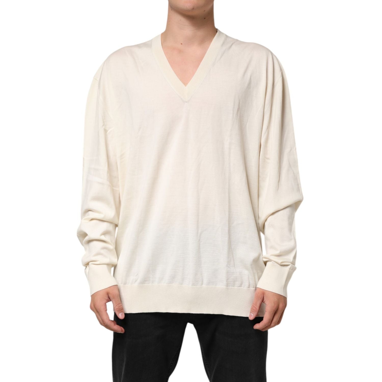 Dolce & Gabbana Ivory Virgin Wool Men V-Neck Knit Sweater