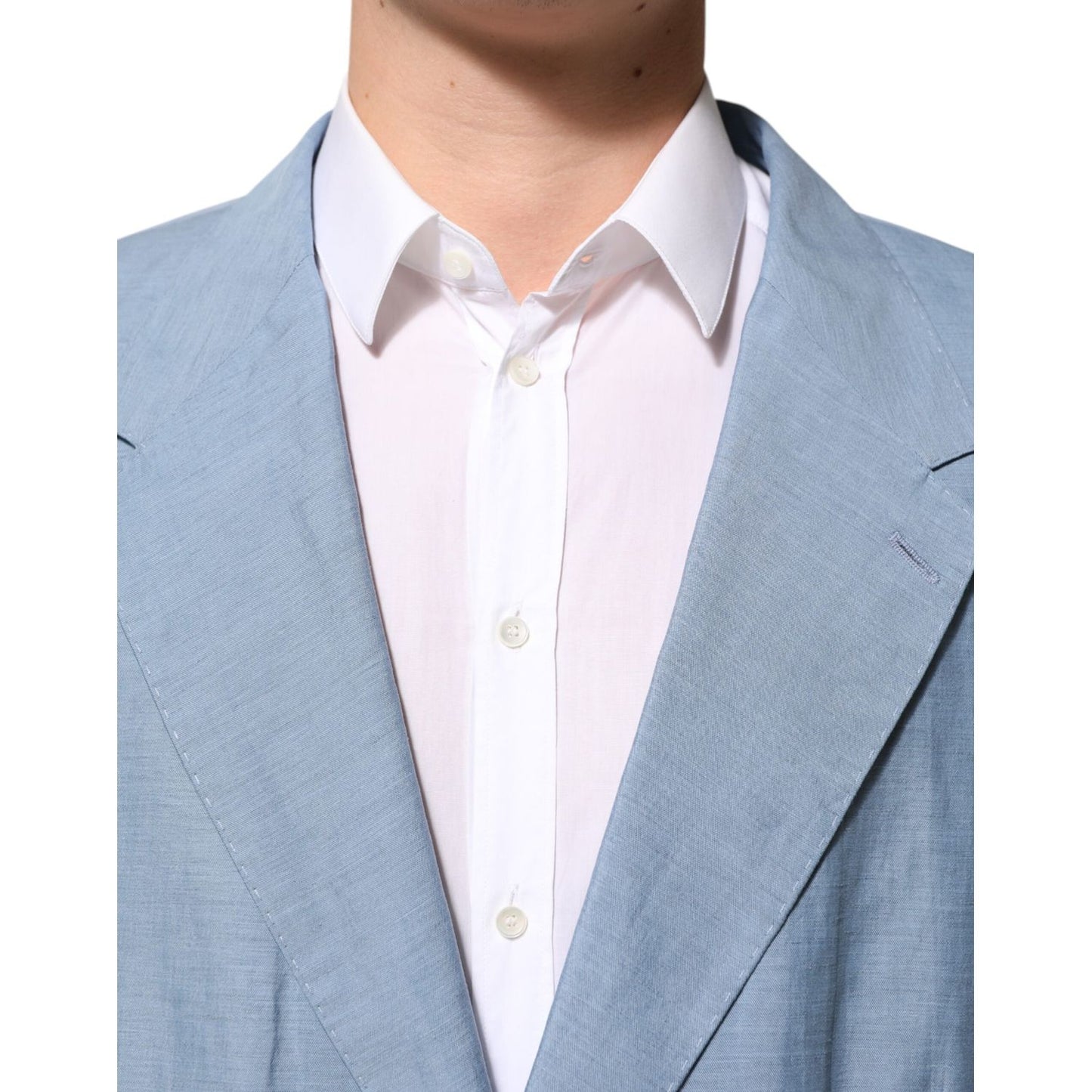 Dolce & Gabbana Light Blue Linen Double Breasted Men Jacket Blazer