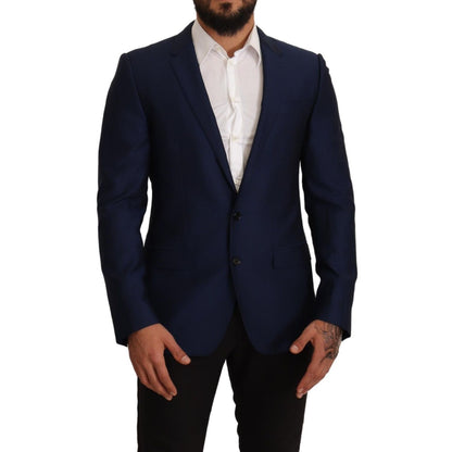 Man wearing Dolce & Gabbana Navy Blue Slim Fit Jacket MARTINI Blazer with white shirt.
