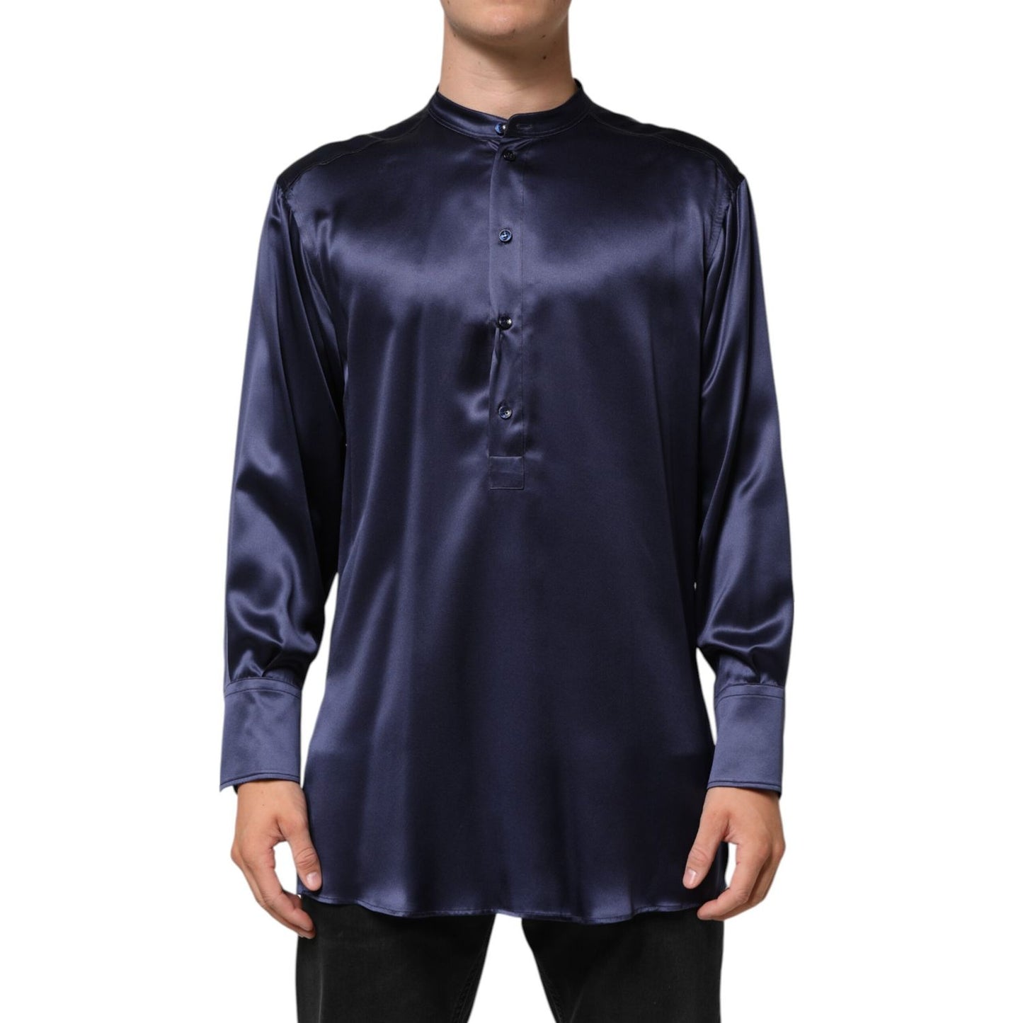 Dolce & Gabbana Navy Silk Long Sleeve Mandarin Collar Shirt