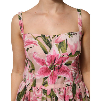Dolce & Gabbana Pink Floral Lily Print Midi Sleeveless Dress