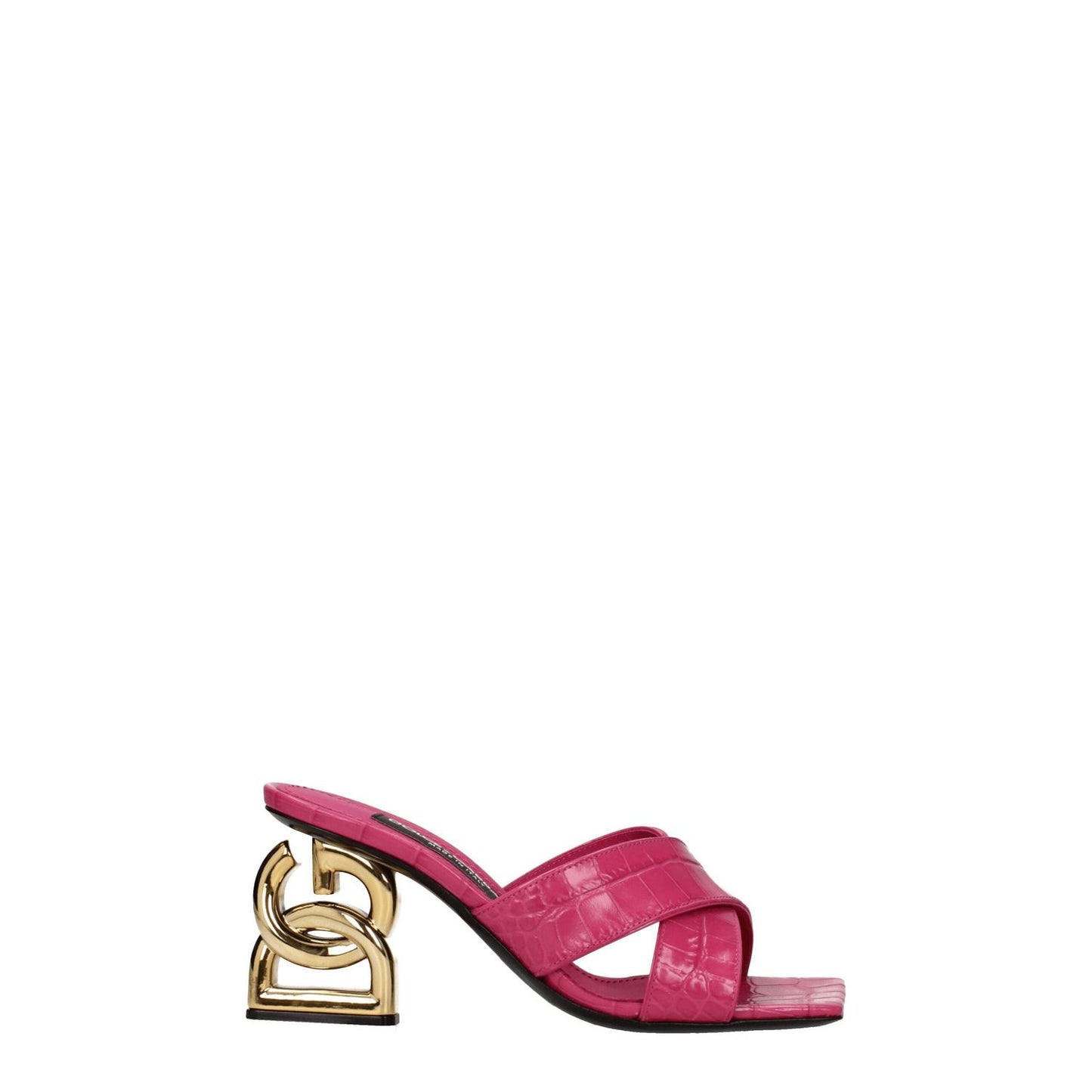 Dolce & Gabbana Pink Leather Platform Sandals with gold mid heels, open toe design, luxury casual footwear.