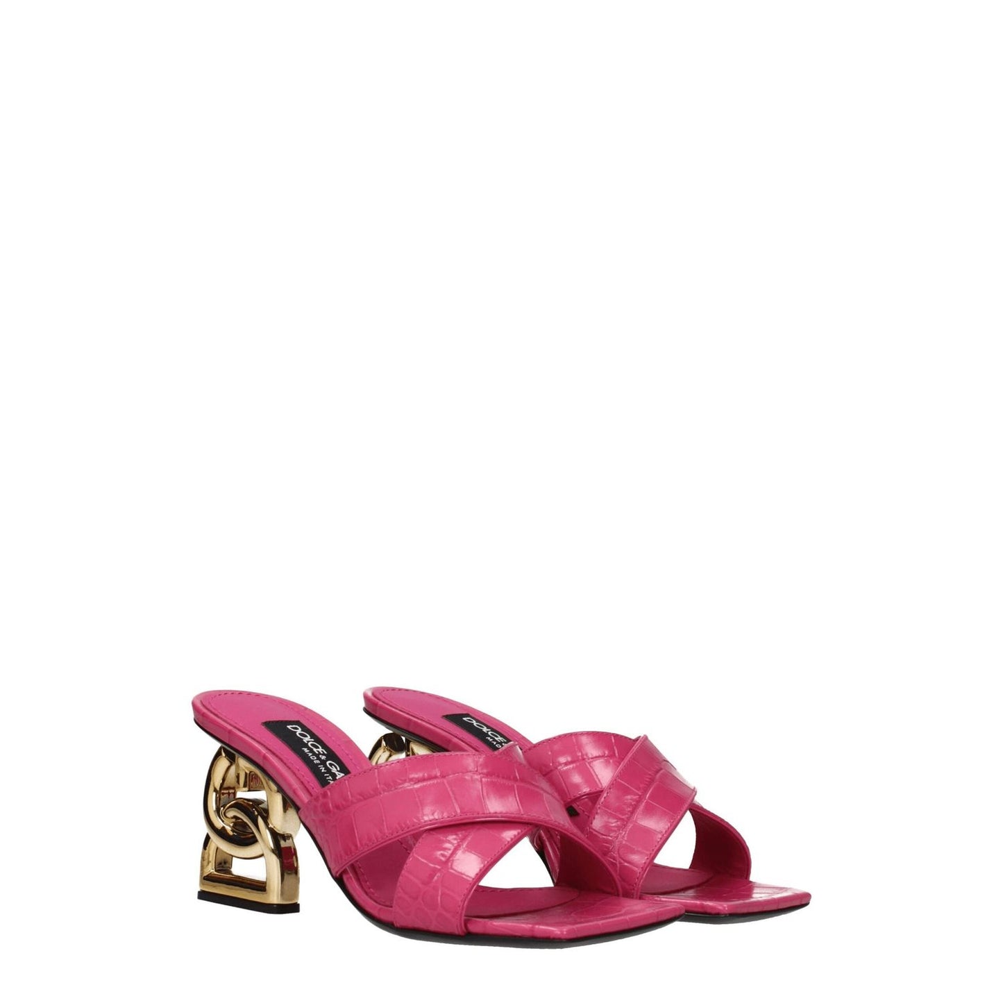 Dolce & Gabbana Pink Leather Platform Sandals with gold details, open toe, mid heel, leather sole, casual style.
