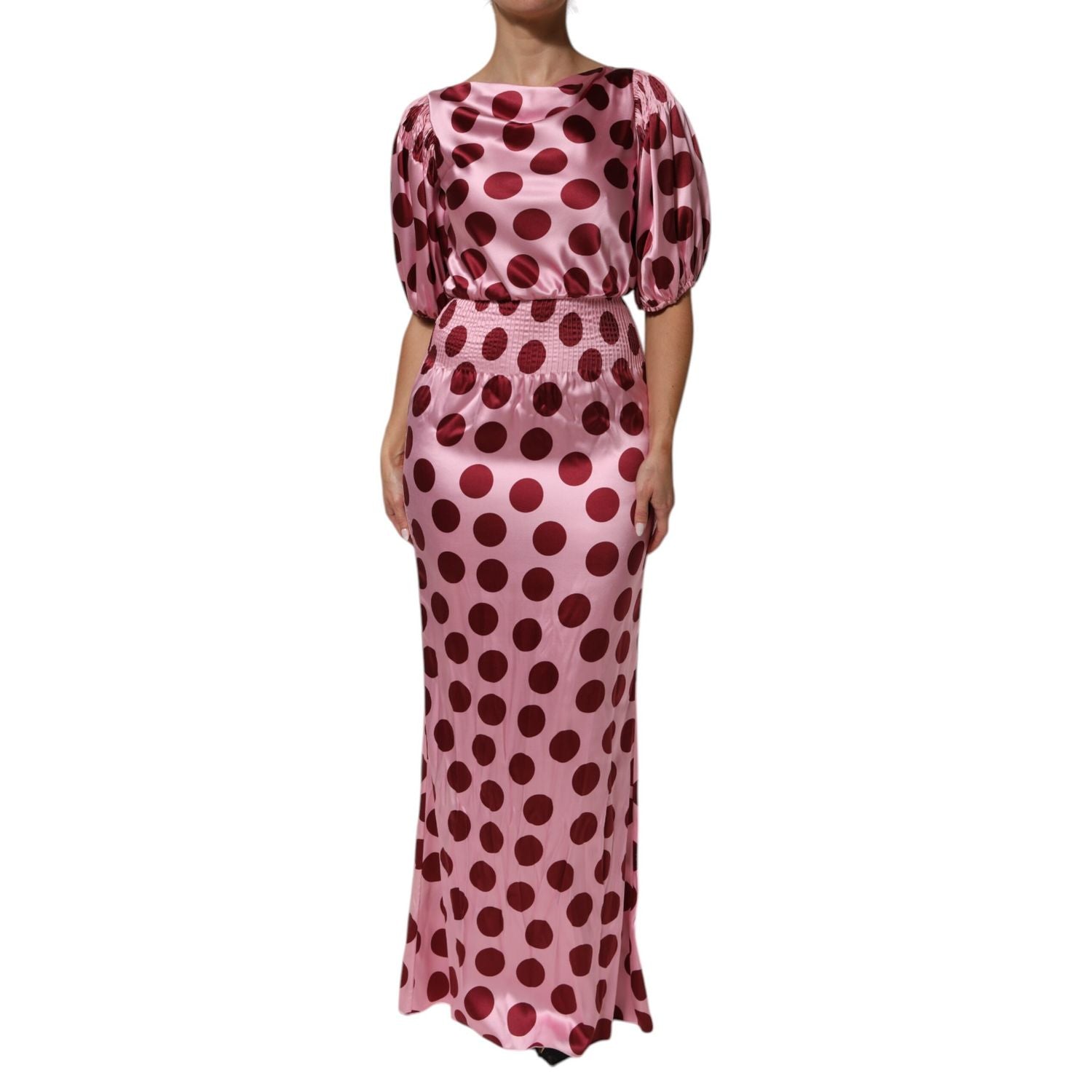 Dolce & Gabbana Pink Red Polka Dot Silk Satin Maxi Gown Dress