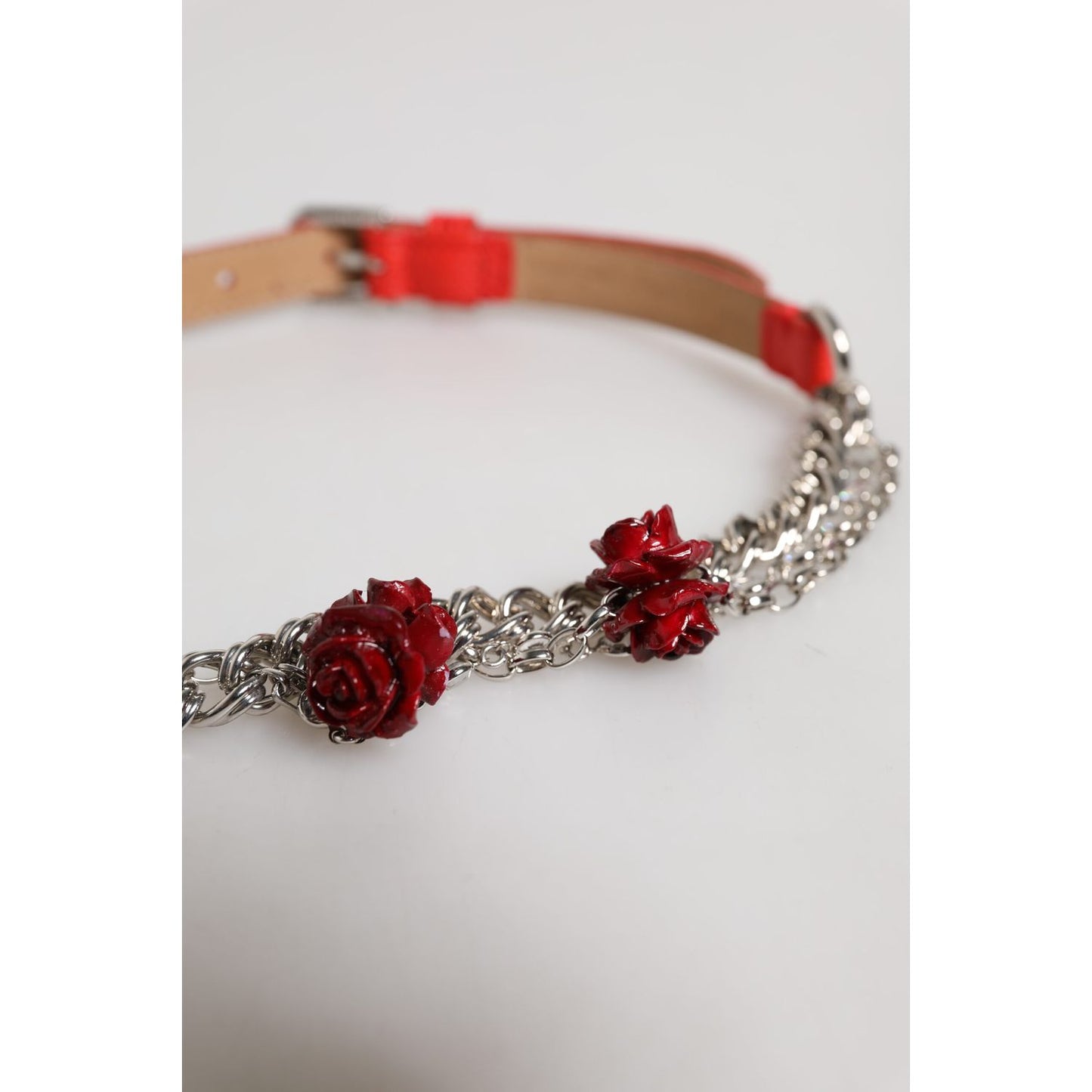 Dolce & Gabbana Red Leather Silver Chain Floral Cintura Belt