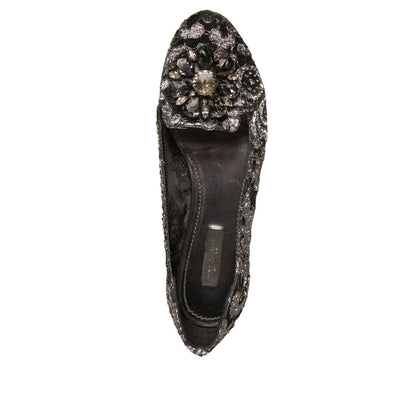 Dolce & Gabbana Silver Crystal Loafer Lace Ballet Flats Shoes
