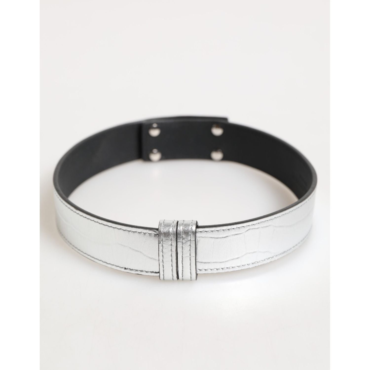 Dolce & Gabbana Silver Textured Leather Gold Tone Metal Neckband