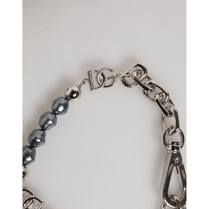 Dolce & Gabbana Silver Tone Chain Lobster Clasp Logo Gray Pearls Bracelet