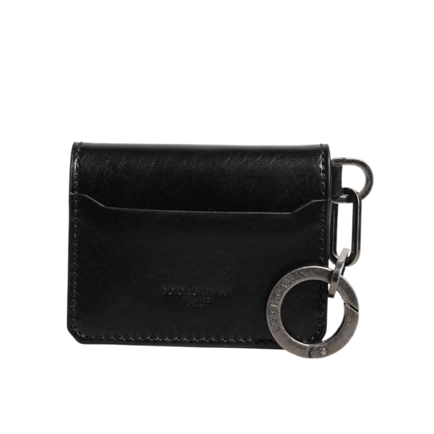 Dolce & Gabbana Wallet Black Leather Logo Embossed Key Chain Card Holder Wallet