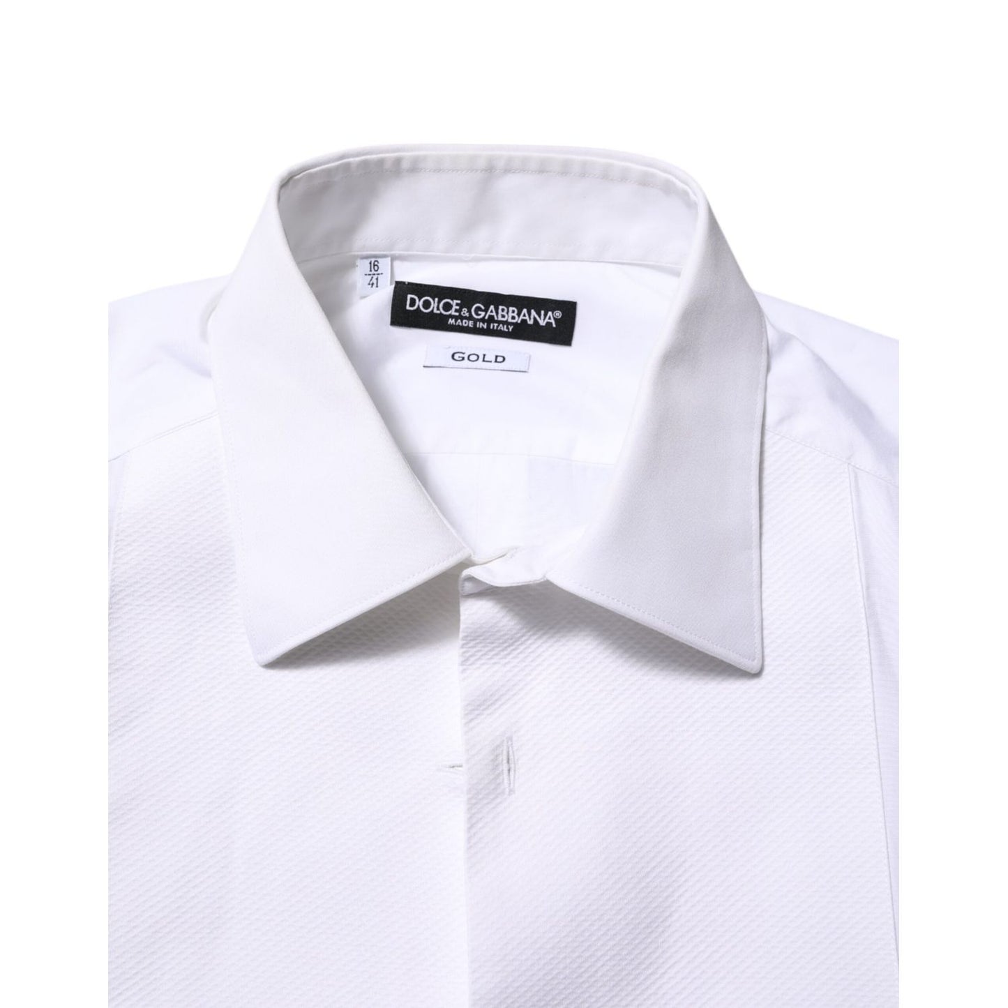 Dolce & Gabbana White Bib Cotton Popline GOLD Men Formal Shirt, classic collar, slim fit, long sleeves, made in Italy, elegant design.