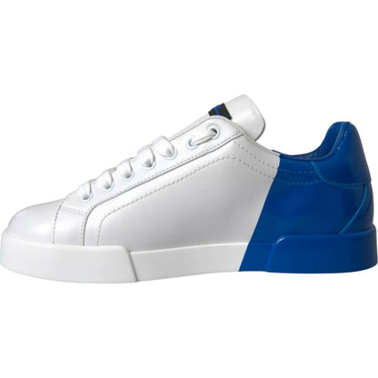 Dolce & Gabbana White Blue Logo Low Top Leather Sneakers Shoes side view, showing white and blue calfskin leather with rubber sole.