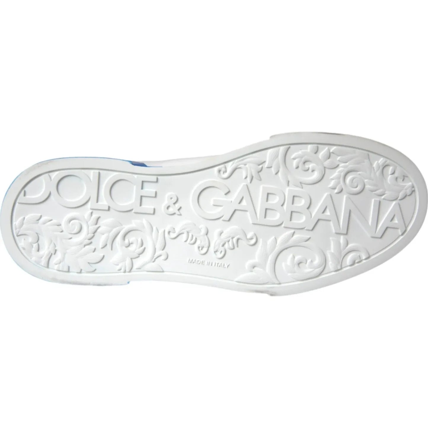 Sole view of Dolce & Gabbana White Blue Logo Low Top Leather Sneakers Shoes featuring embossed logo detail.