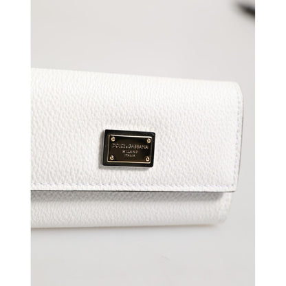 Dolce & Gabbana White Leather Card Case Holder Wallet Gold Logo Plate Key Holder