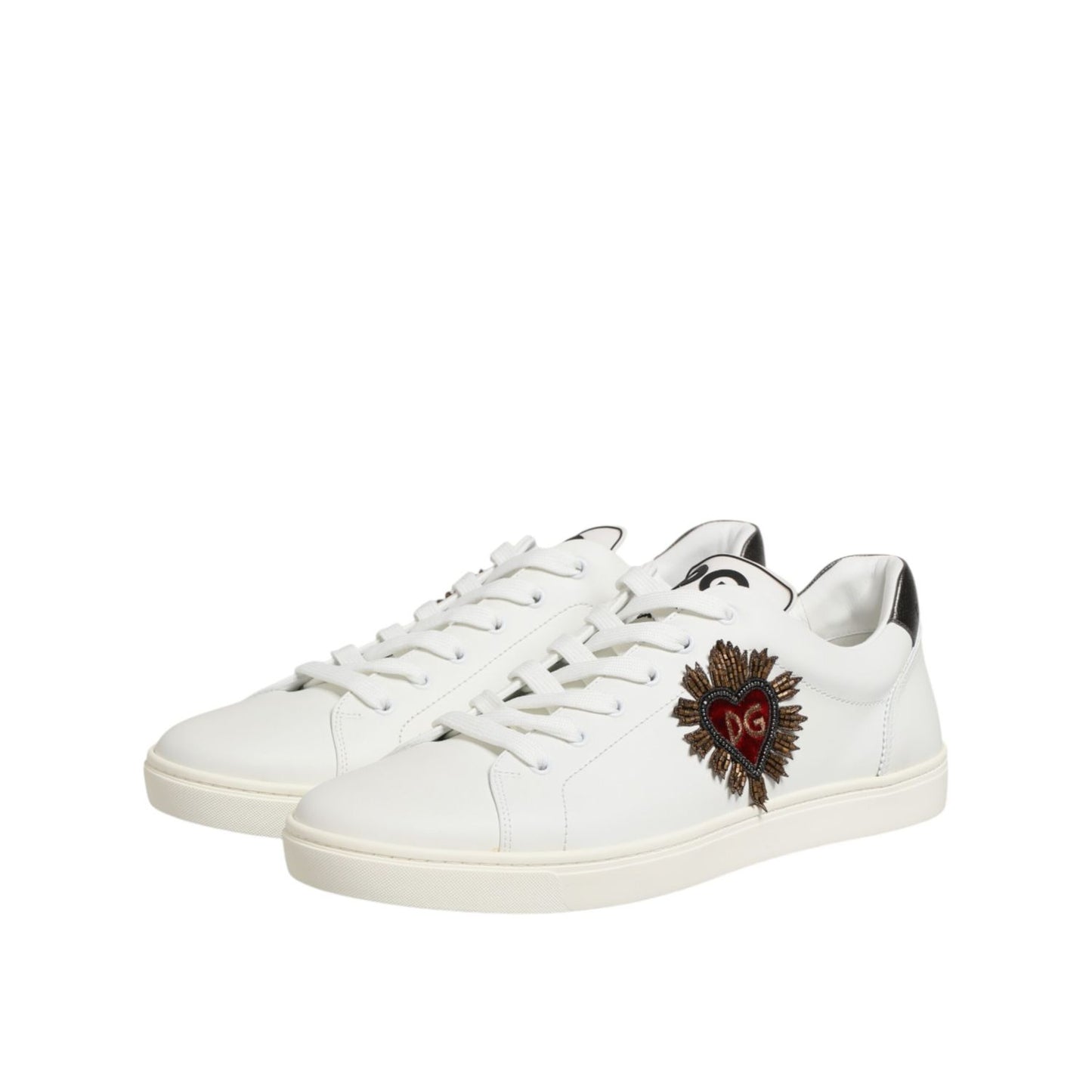 Dolce & Gabbana White Leather Heart Embellished Sneakers Shoes, low-top design, premium leather, luxury fashion footwear.