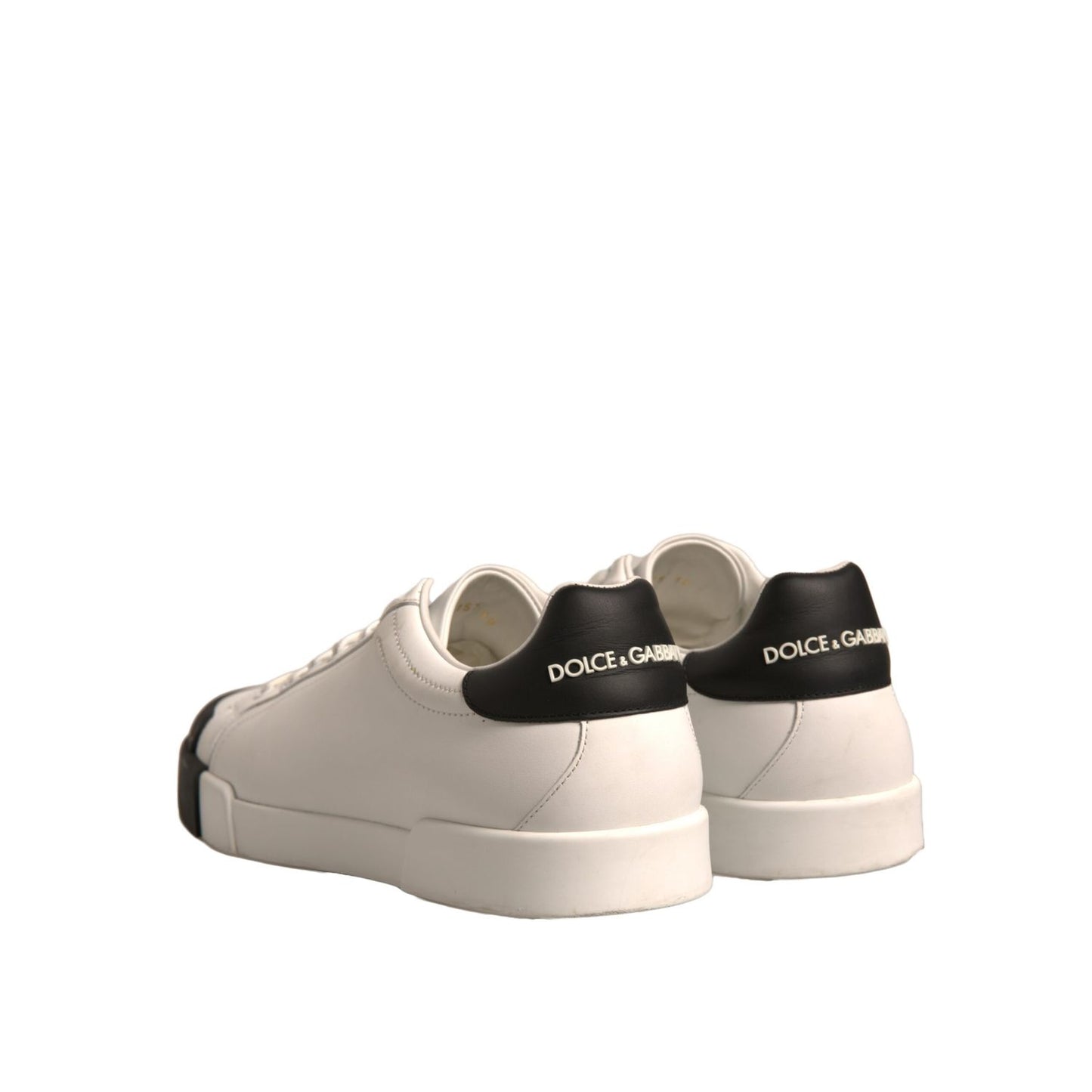Dolce & Gabbana White Leather Logo Portofino Sneakers Shoes back view with black heel logo detail.