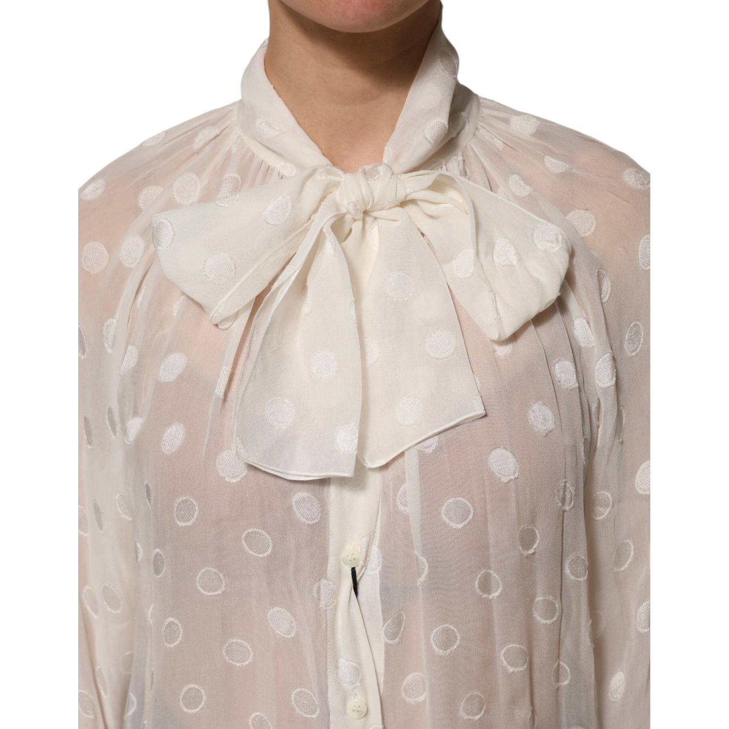 Dolce & Gabbana White Polka Sheer Silk Bow Tie Shirt Blouse Top