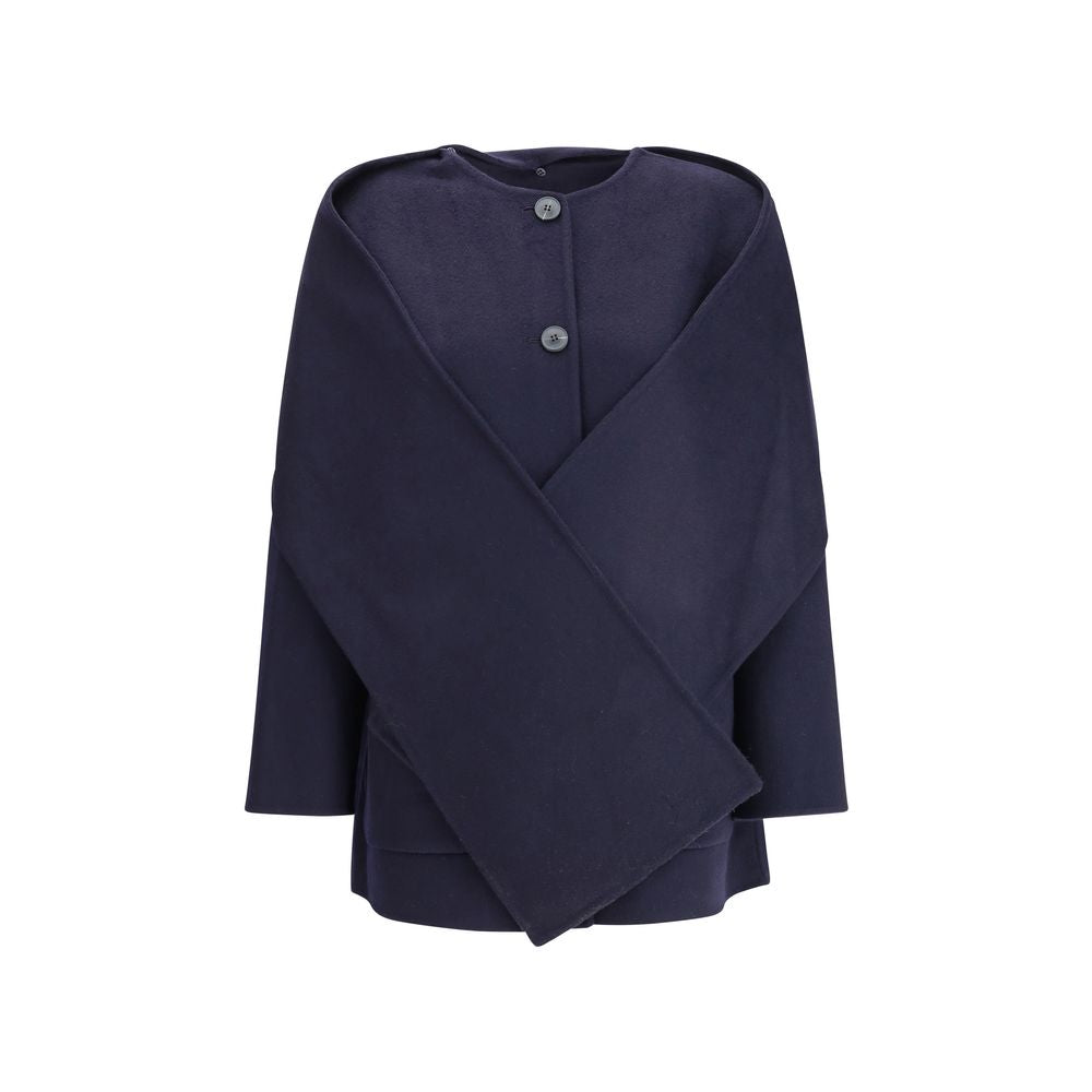 Dynamis Studio Blue Wool Coat with removable scarf panel, crew neck, button closure, and front pockets. Oversize fit, 100% wool.