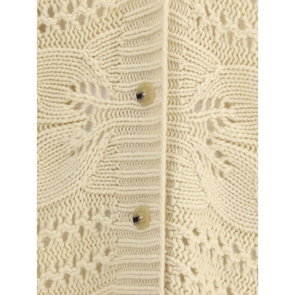 Ermanno Scervino Beige Cashmere Cardigan featuring perforated knit design with button closure, showcasing detailed craftsmanship.