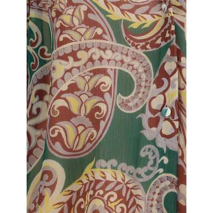Close-up of Etro Multicolor Silk Pattern Shirt showcasing iconic Paisley print and see-through silk crepon fabric.