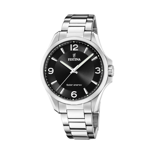 FESTINA WATCHES Mod. F20656/4 - Stainless steel solar energy watch with black dial and silver bracelet.
