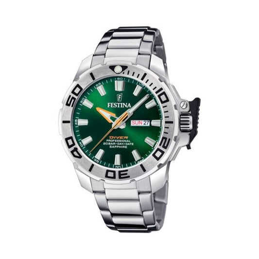 FESTINA WATCHES Mod. F20665/2 silver and green men's watch with date display and stainless steel bracelet