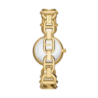 FOSSIL Mod. ES5272 gold stainless steel wristwatch with 30mm case and quartz movement, water-resistant 5 ATM, back view of strap.