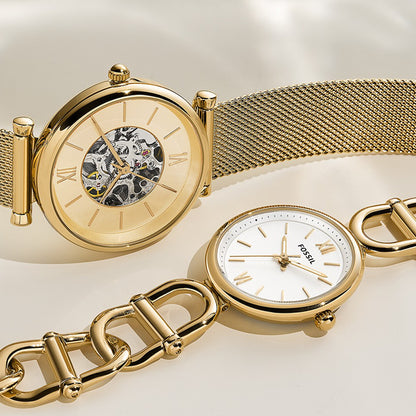 FOSSIL Mod. ES5272 women's wristwatch, 30mm SS IP Gold case, mesh strap, quartz movement, water-resistant, elegant design.