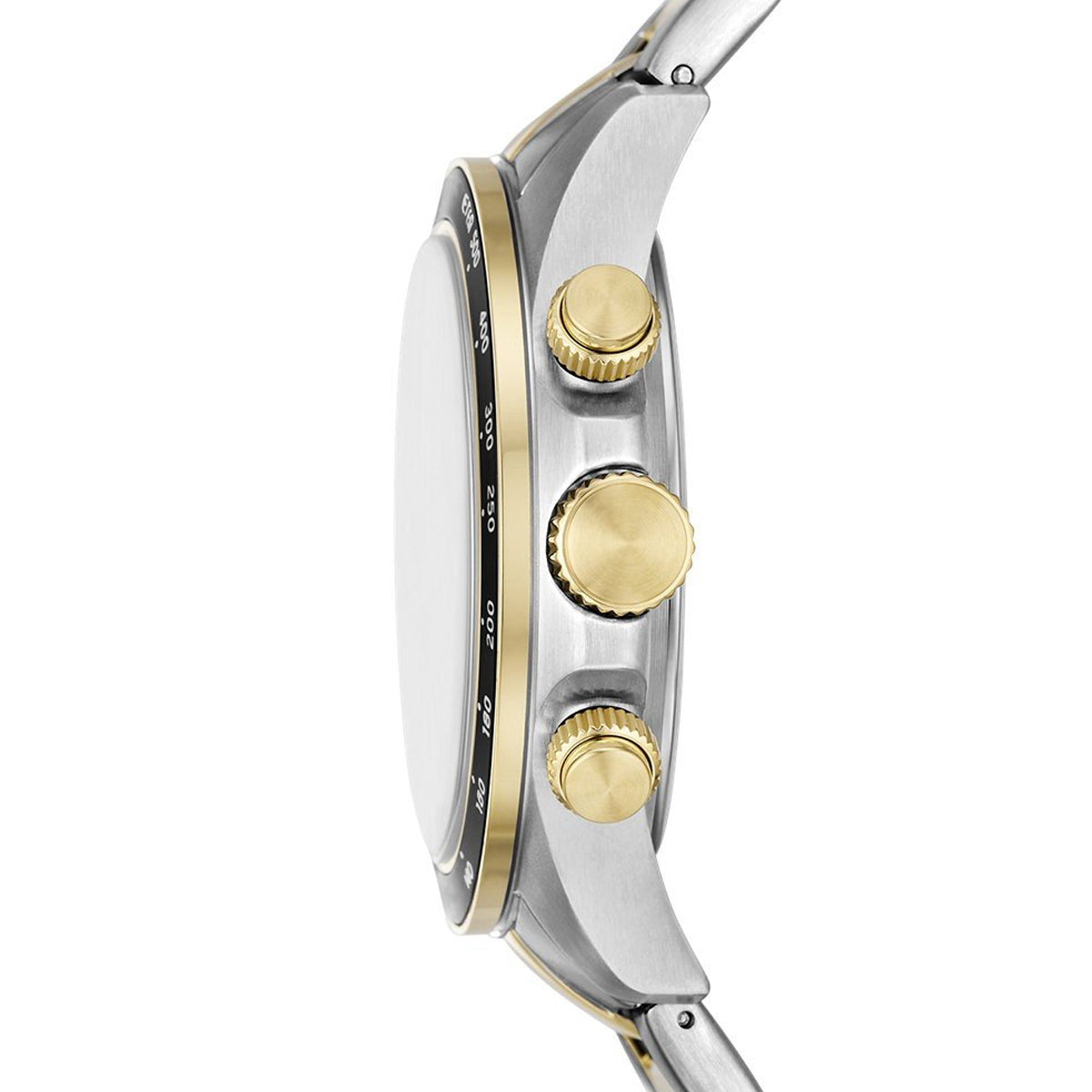 Side view of FOSSIL WATCHES Mod. FS6126 showcasing its silver and gold accents and detailed knurling on the crown