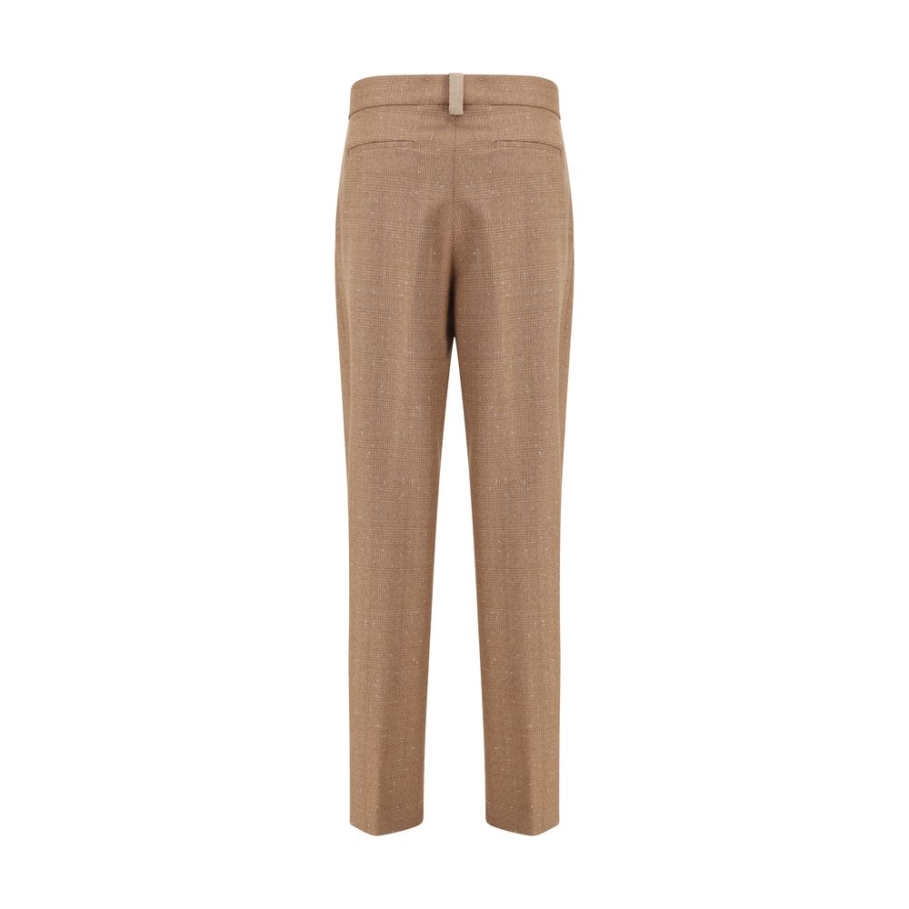 Fabiana Filippi Beige Fleece Wool Dress Pants with Prince of Wales fabric, featuring front darts and diamond loop detail.