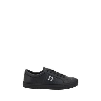 Fendi Black Calf Leather Bos Taurus Athletic Sneakers with logo and lace-up closure, side view