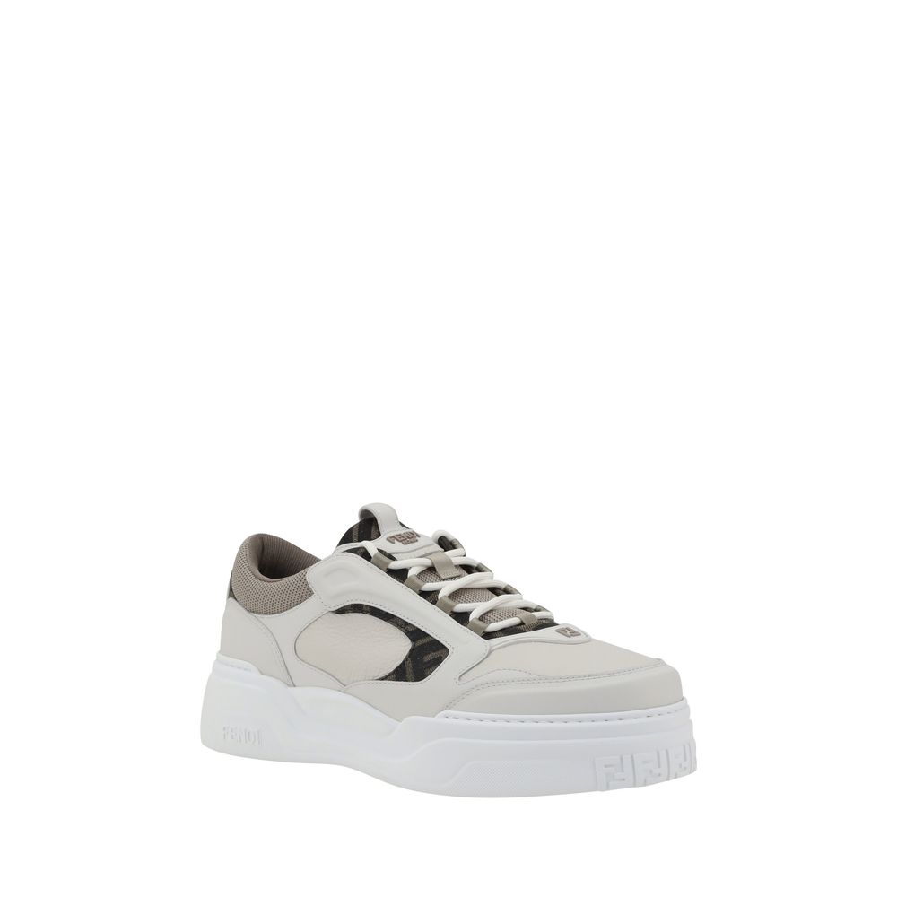 Fendi White Calf Leather Bos Taurus Low Top Sneakers with paneled design and textured sole for stylish comfort.