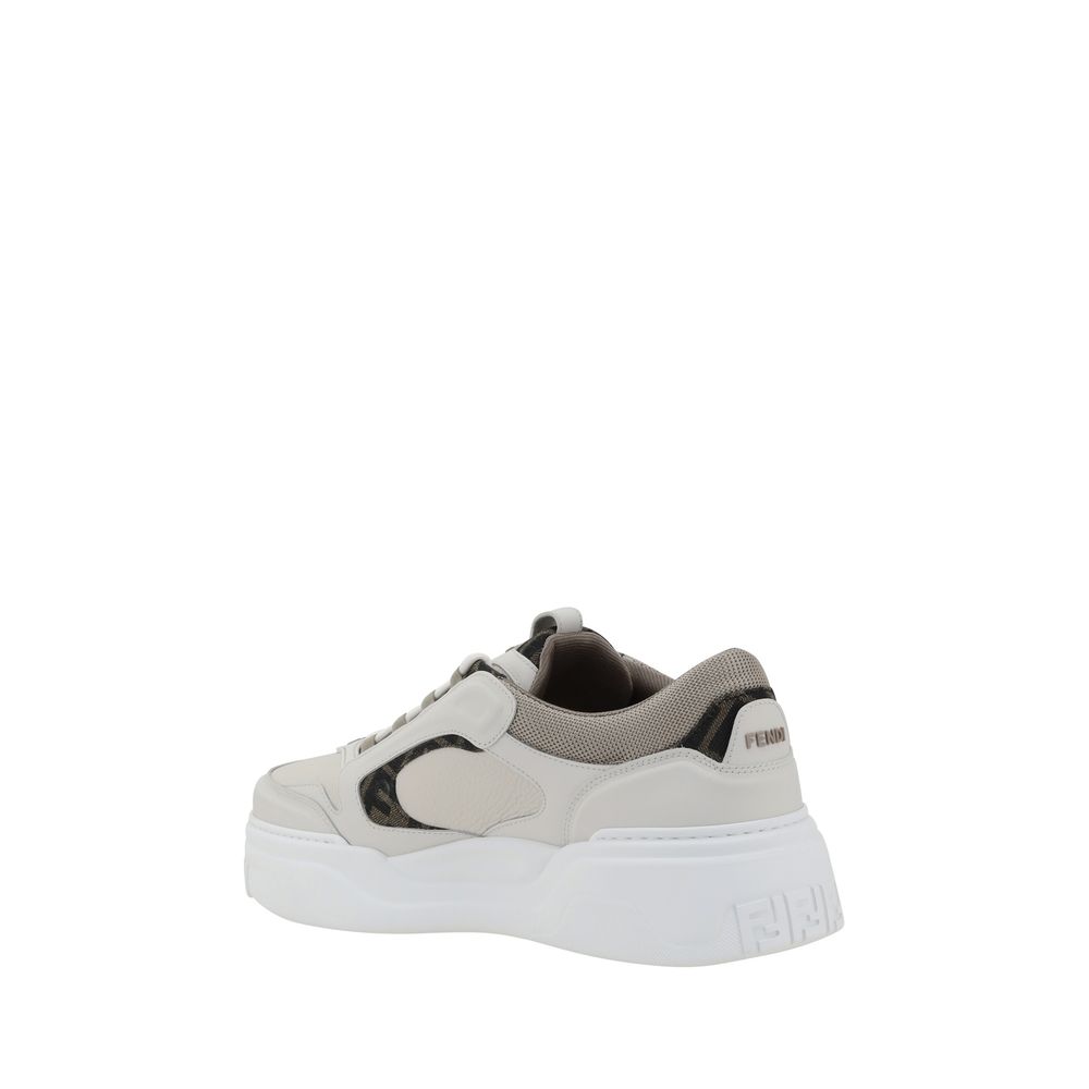 Fendi White Calf Leather Bos Taurus Low Top Sneakers with paneled design and textured sole for urban style and comfort.