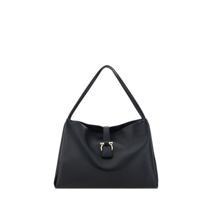 Ferragamo Black Calf Leather Bos Taurus Handbag with double handles, magnetic flap closure, and logo applique, AW25 collection, 38x38x17cm