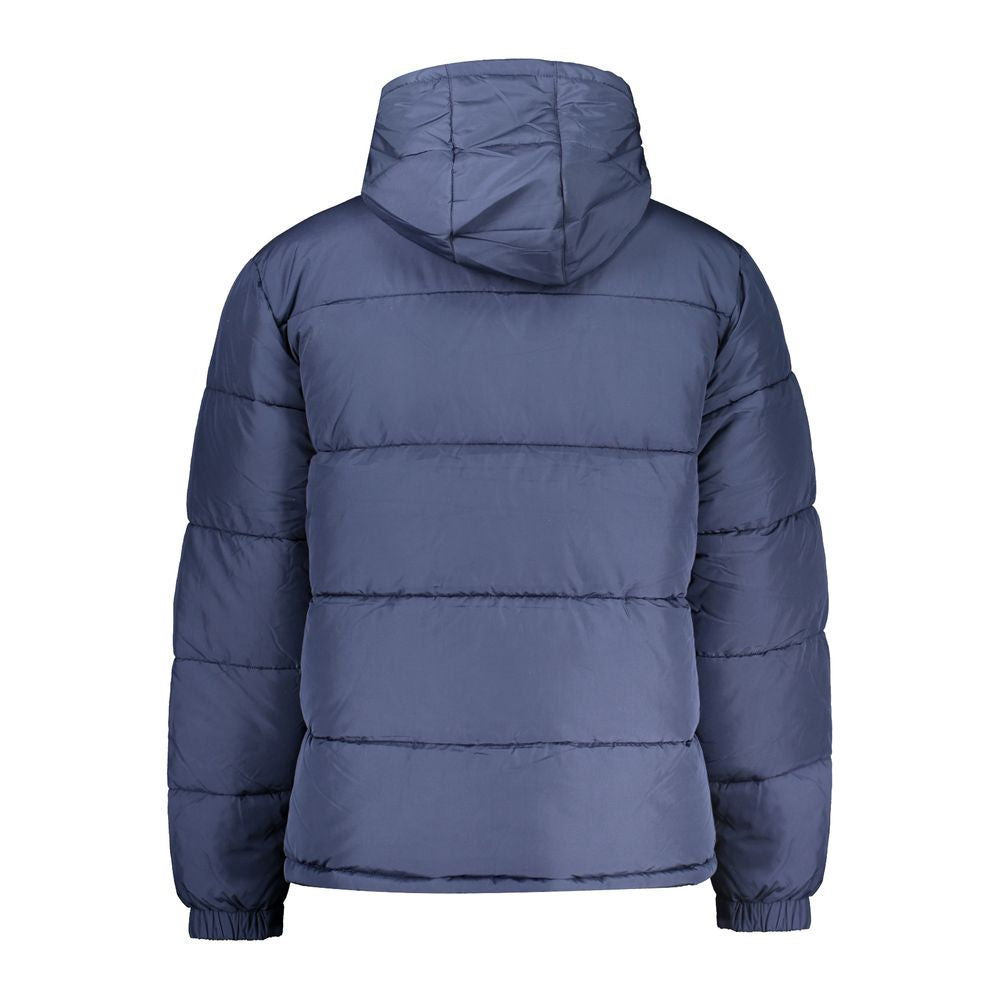 Back view of Fila Blue Polyester Men Jacket with hood, emphasizing the water-repellent fabric and bold blue color.